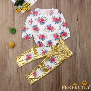 Pft7-Zz conjunto de ropa de bebé niña, impresión de flores de manga larga cuello redondo camiseta con Patchwork brillante pantalones largos (2)