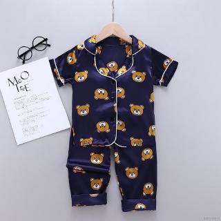 babyworld'' verano bebé niños pijamas niños niñas de dibujos animados oso impresión ropa de dormir conjunto de manga corta blusa tops+pantalones largos (2)