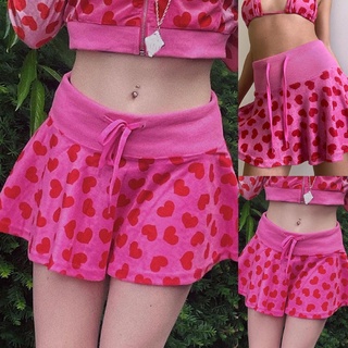 seguro mujeres goth punk cintura alta cordón una línea mini falda harajuku dulce rosa corazón impresión kawaii terciopelo plisado streetwear (9)