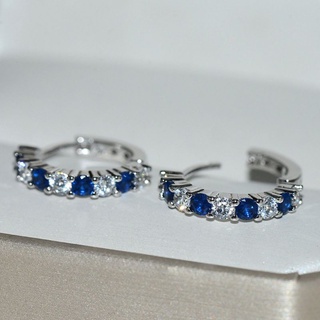 Seng Gem Stone - pendientes de aro de plata esterlina 925, zafiro azul y diamantes de imitación blancos para mujer (6)