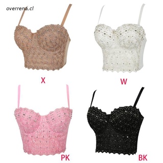 ove Women Embroidery Lace Bustier Crop Top Sequins Rhinestone Push Up Corset Bra