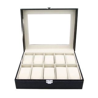10 ranura moderna caja de reloj relojes caso de la joyería de exhibición organizador de almacenamiento de la caja con llave y bloqueo de la parte superior de cristal para hombres y mujeres