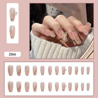 24pcs arco impreso parche de uñas con incrustaciones de perlas tipo pegamento extraíble párrafo largo moda manicura falso parche de uñas (2)