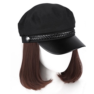 sombreros con peluca adjunta para las mujeres gorra con corto bobo negro pelo recto disfraz disfraz (4)