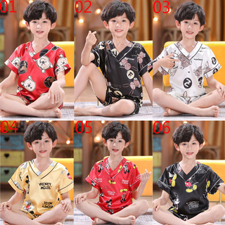coreano de la moda de los niños de seda de satén ropa de dormir de bebé pijamas conjunto de manga corta cuello v niños niñas pijamas traje