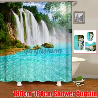 ON SALE 180*180cm Waterfall Shower Curtain Waterproof 3pcs Carpets Mat Set Hooks Ring
