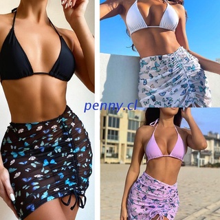 PEN Women Sexy 3 Pieces Bikini Set Halter String Micro Triangle Swimsuit with Butterfly Print Mesh Cover Up Wrap Skirt Bathing Suit Beachwear