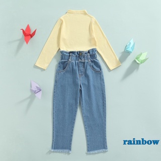 Rainbow-2 piezas de trajes de Color sólido para bebés, niñas de manga larga cuello redondo jersey + pantalones vaqueros de dobladillo crudos deshilachados con bolsillos (3)