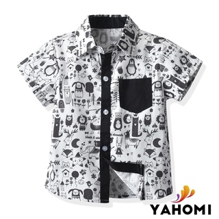 Zxt - camisa de verano para niños pequeños, impresión creativa, rayas, manga corta, solapa de un solo pecho, ropa Casual