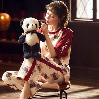 Pijamas de algodón puro de las mujeres de manga corta traje de estudiante de dibujos animados lindo suelto (2)