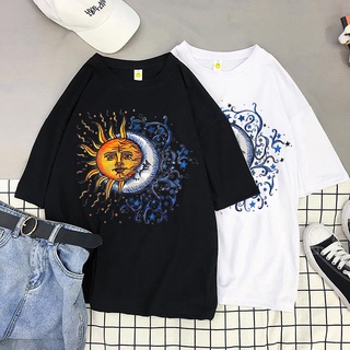 HONEYPEACH 2021 Summer New Harajuku T-shirt Women's Retro Sun and Moon Geometric Pattern Printed Casual Short T