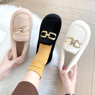 Plush shoes for women to wear outside the fall of 2021, the new Korean version of the wild plus velvet peas shoes, a pedal French lazy shoes