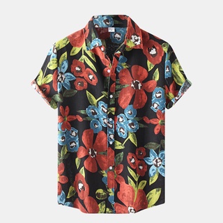 [ufas] camisa con estampado floral de playa para hombre, manga corta, botón de turn-down, camisa