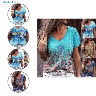 [Skystar] Soft Women T-shirt Short Sleeve Flower Print Women T-shirt Wear-resistant Top Pullover