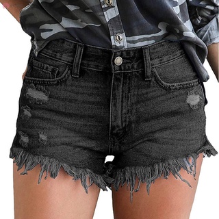 Mujer Mid Rise Shorts deshilachado dobladillo rasgado Denim Jean pantalones cortos para verano playa (1)