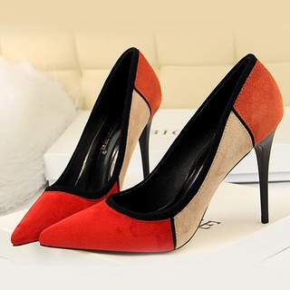 0913d color-partido de gamuza superior tacones altos zapatos de las mujeres zapatos dedo del pie puntiagudo señora zapatos (2)