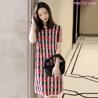 【Ready Stock】 Women Dress Plus Size Striped Printed Short-sleeved Crew-neck Casual Slim Straight Skirt