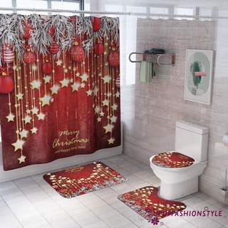 Up [] -4 unids/Set de cortina de ducha con estampado de navidad, diseño de estrella, campana, inodoro, alfombrilla de baño para baño