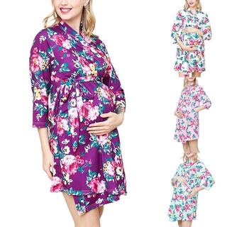 ✰Xw☀Traje de maternidad, impresión de flores cuello en V codo manga túnica con cinturón de cintura+manta de envolver+ diadema para embarazadas