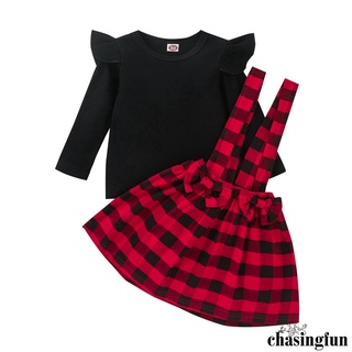 Chf-2 piezas trajes para niños pequeños, Color sólido O-cuello manga larga camiseta + falda de tirantes a cuadros