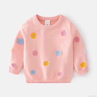 Lindo suéter bordado Floral para niñas, cuello redondo, manga larga, dulce, blusa Casual, preciosos trajes de tejer