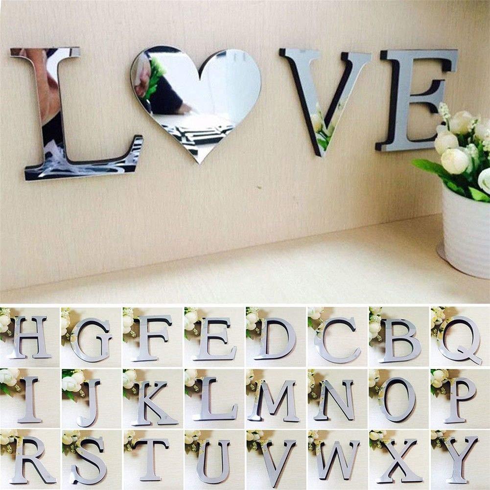 3d letras espejo pegatina de pared/26 letras acrílico alfabeto pegatinas de pared pegatinas/plata espejo pegatina de pared arte mural decoración de la habitación del hogar