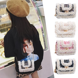 [hst] bolso bandolera de lana para niñas, perlas, cadena de hombro, bolsos de mensajero