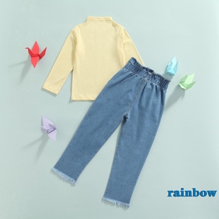 Rainbow-2 piezas de trajes de Color sólido para bebés, niñas de manga larga cuello redondo jersey + pantalones vaqueros de dobladillo crudos deshilachados con bolsillos (5)