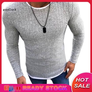【ZK】 Fashion Men Round Neck Long Sleeve Patchwork Slim Knitted Sweater Pullover Top
