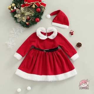 Jop7-vestido de navidad para niñas, bloque de Color, cuello de muñeca de manga larga, vestido peludo, sombrero y cinturón