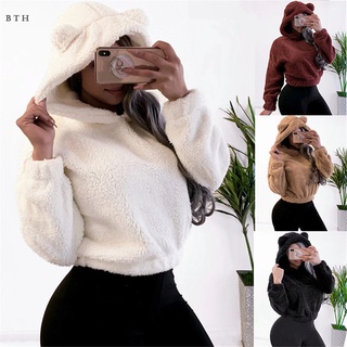 Women Hooded Plush Sweater Short Mini Sweater Long Sleeve Casual Tops