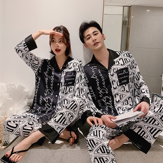 Victoria's Secret parejas de hielo de seda pijamas de los hombres de manga larga de la carta de impresión de primavera y otoño conjunto de satén de seda ropa de hogar de las mujeres (1)