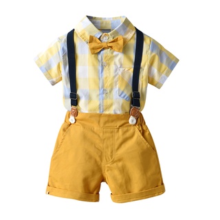 [xhsa]-niño bebé niños caballero pajarita a cuadros camiseta tops+suspender shorts trajes