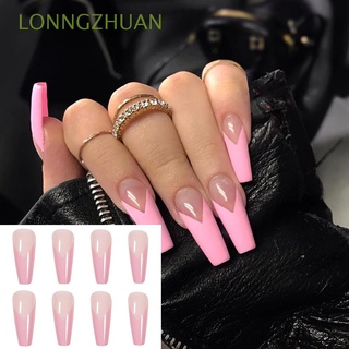 LONNGZHUAN 24pcs/Box Ballerina French Pink Coffin False Nails Detachable Nail Tips Wearable Artificial Manicure Tool Press On Nails Full Cover Fake Nails