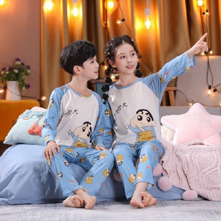 Lencería ropa de dormir bragas Baju Tidur Kawaii de manga larga Pijamas de dibujos animados impreso O-cuello Loungewear absorbe la humedad Unisex para niñas y niños mayores Pijamas de poliéster