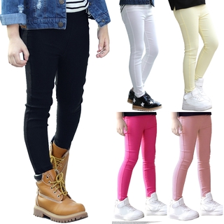 Niños niñas Color caramelo algodón lápiz pantalón elástico largo Casual pantalones con bolsillo 3-14 años