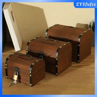 caja de madera del tesoro del pecho de la moneda hobby caja de almacenamiento caso de escritorio hucha organizador