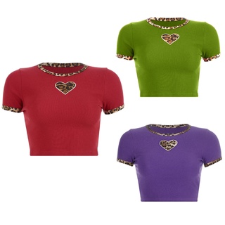 Women Short Sleeve O-Neck T-Shirt Leopard Patchwork Heart Ribbed Slim Crop Top
