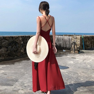 Women Spaghetti Strap Dress Backless Vintage Slim Fit Slit Dress for Summer (8)