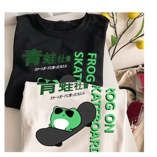 Japonés Harajuku Monopatín Rana Impresión T-shirt Kawaii Verde O-Cuello De Manga Corta Calle Casual Ulzzang Suelto Top