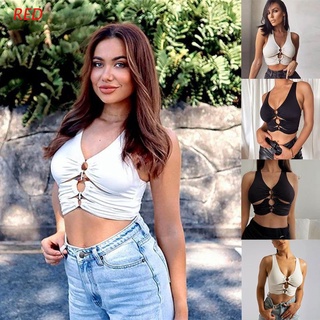 RED Women Summer Sleeveless Sexy V-Neck Crop Top Hollow Out Ruched O-Ring Front Slim Vest Solid Color Casual Bodycon Corset