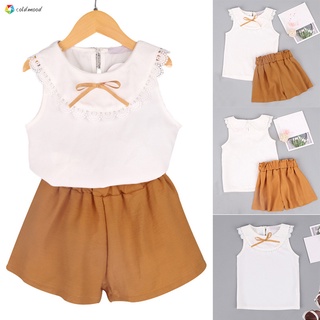 [COD] Two Piece Doll Collar Vest Shorts Cotton Girls Set Girl Casual Kids Outfit Summer Clothes