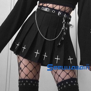 See-mujer cintura alta gótico Punk Mini faldas, señoras cruz patrón Mini falda plisada