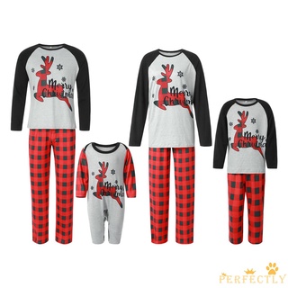 PFT-Matching Family Pijamas De Navidad , Manga Larga Letra Alce Raglan Tops + Pantalones Cuadros Conjunto