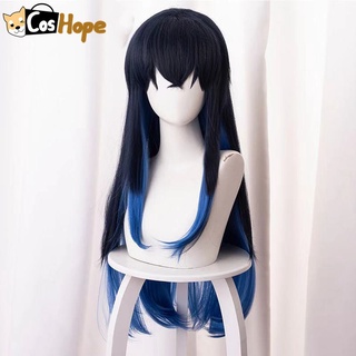 Hashibira Inosuke-peluca azul oscura de Kimetsu No Yaiba para mujer Cosplay de Anime pelucas sintéticas resistentes