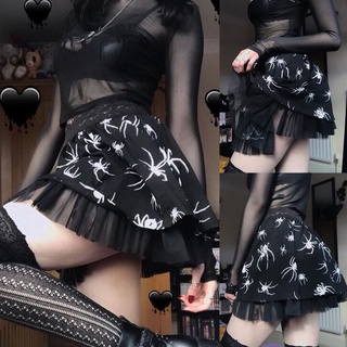 Falda negra con estampado negro Punk Gótico para mujer/falda plisada elástica de encaje Cintura Alta malla de malla Hem Harajuku plisada (4)