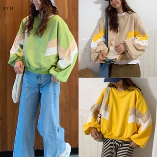Women Loose Sweater Splice Round Neck Long-sleeved Sweater Casual Top (1)