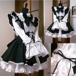 Las mujeres traje de doncella francesa Anime largo vestido blanco y negro vestido delantal vestido de Lolita gótica
