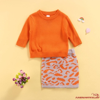 O-l niñas Casual de dos piezas conjunto de ropa, naranja Color sólido jersey y cintura elástica falda de punto