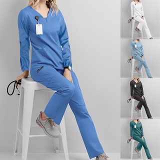 2 Unids/Set Nueva Moda Mujer Manga Larga Cuello En V Blusa Top + Pantalones Enfermería Ropa De Trabajo Enfermera Uniforme Traje